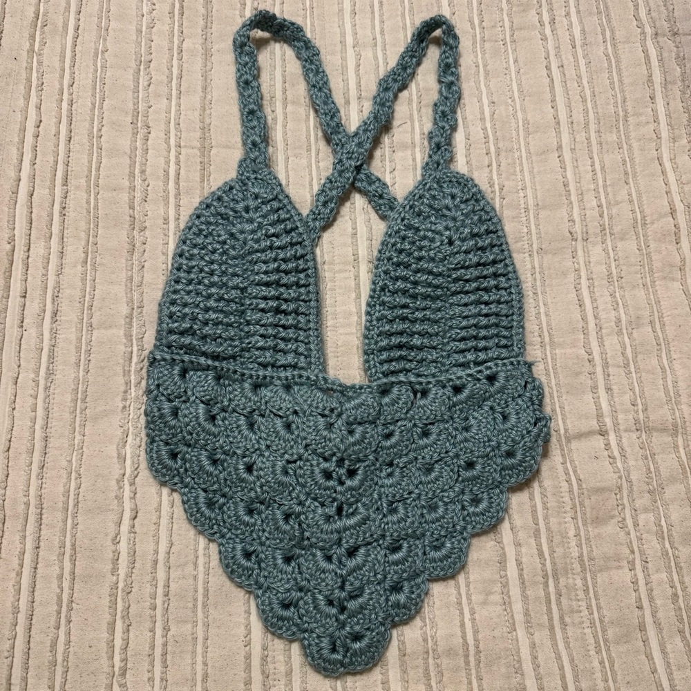 Handmade Crochet Longline Halter Cross Tie Back Plunge Crop Top in Teal
